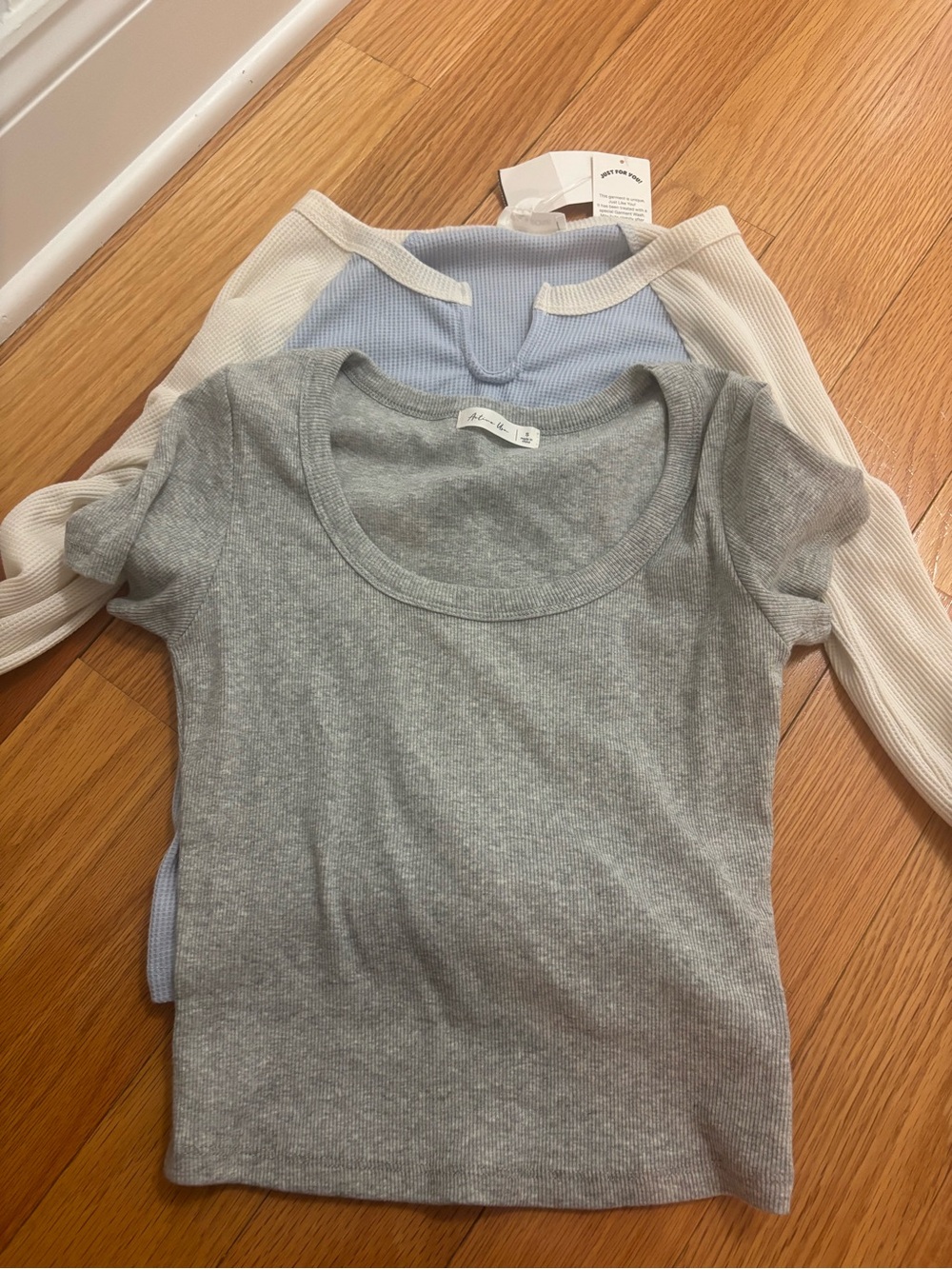 Ribbed Scoop Neck Crop Top - Light Gray And Ribbed Long sleeve- Light Blue